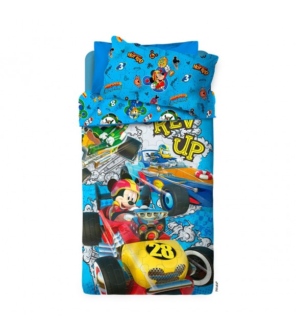 Cubrecama Mickey sobre ruedas Reversible 1 1/2 plazas